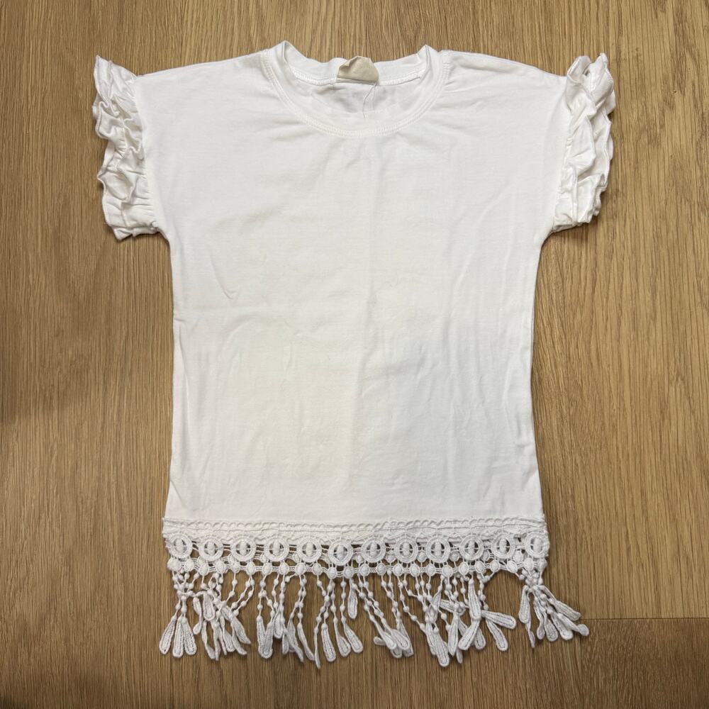 M.L. Kids Girls' White Ruffle Sleeve Crochet Lace Hem Tassel Fringe Top Size 3T